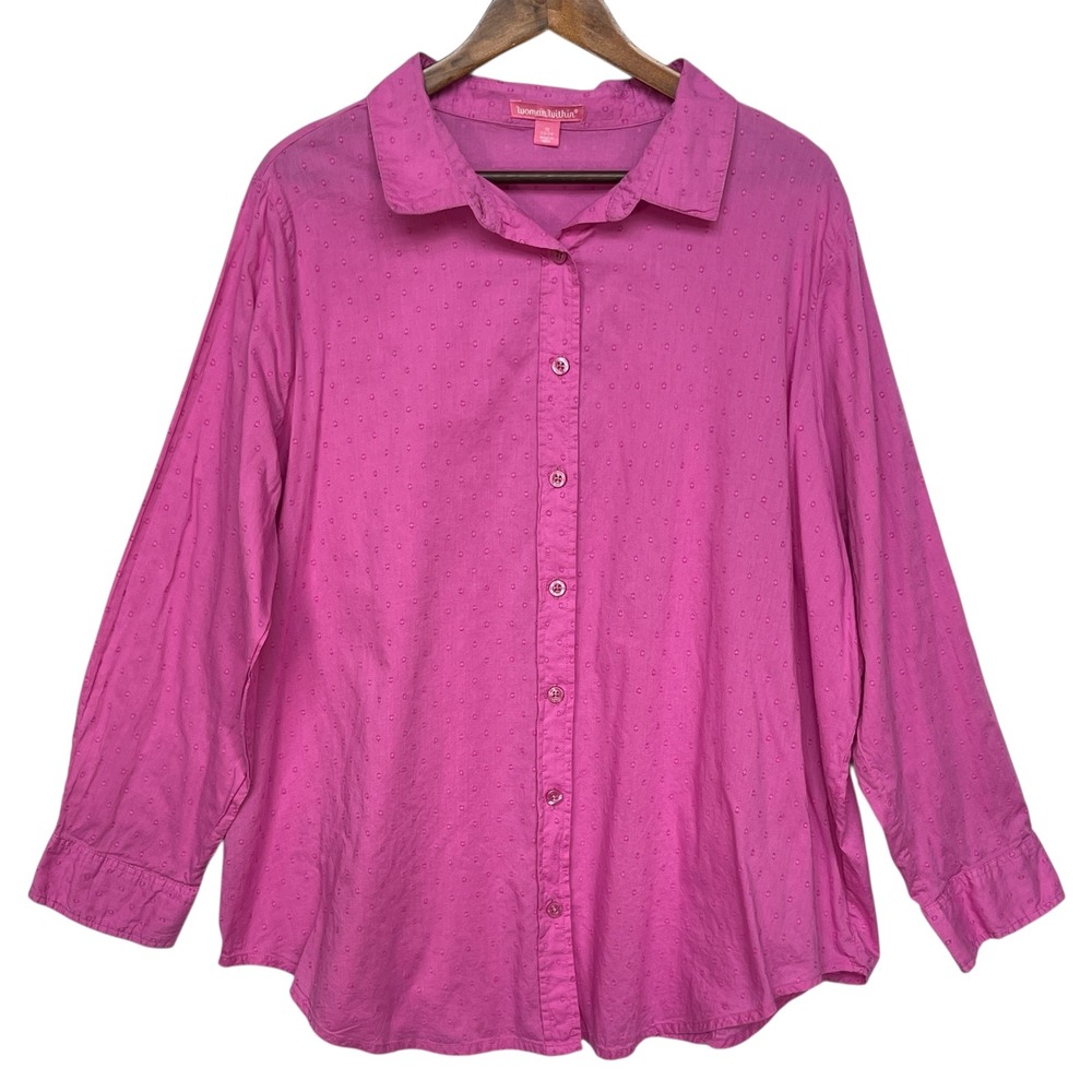 Woman Within 1X 22/24 Pink Dotted Button Down Long Sleeve Top Blouse Shirt